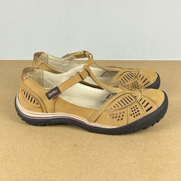 Jambu Bridget Leather T-Strap Flats Womens 7.5 Tan Hook and Loop Laser Cut - Picture 3 of 10